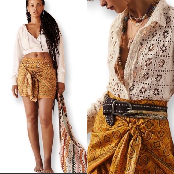 NWOT Free People REVOLVE Imogen Sarong Mini Skirt in Turmeric Made in India - Picture 2 of 10